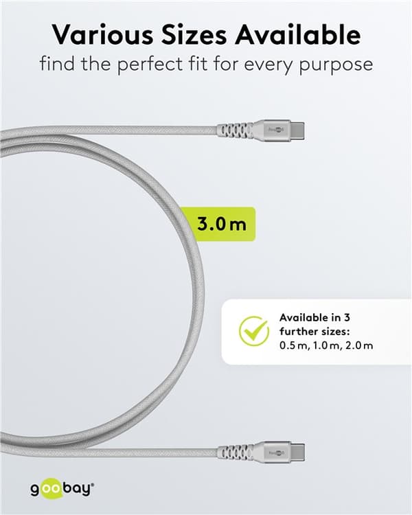 USB-C™ supersoft textilkabel med metallkontakter, 3 m, vit