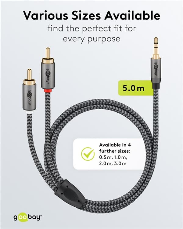Lydadapterkabel AUX, 3,5 mm jack til stereo RCA-plugg, 5 m