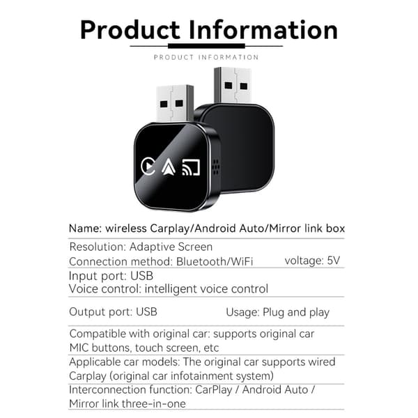 Trådlös CarPlay/Android Auto/Mirror Link Adapter Q1AS - 3-i-1 Apple Mirroring & Android Auto CarPlay Box