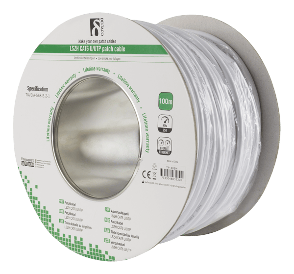 U/UTP Cat6 patch cable, LSZH, 100m spool, 250MHz, white