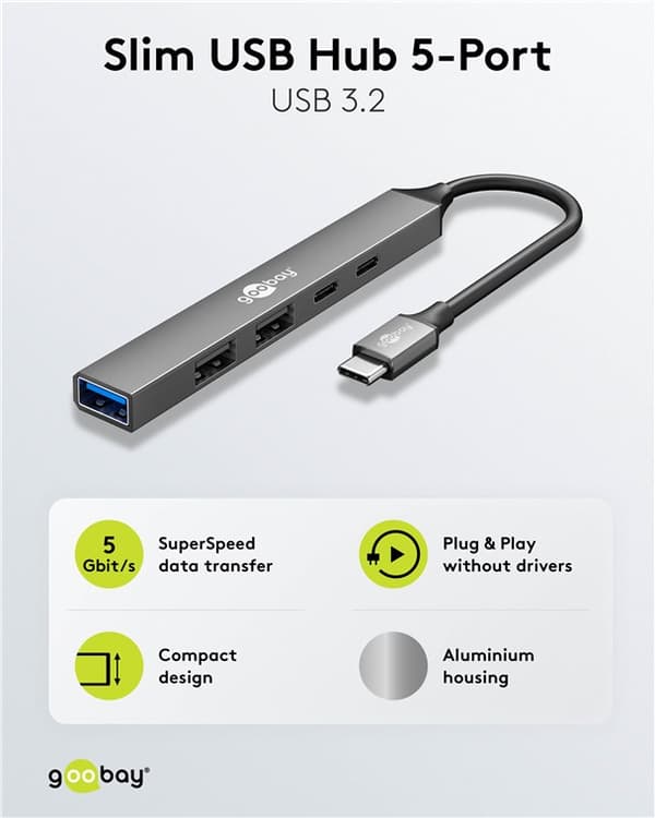 Slank USB-hub med 5 porter, USB-C™ til USB-C™/USB-A, 5 Gbit/s