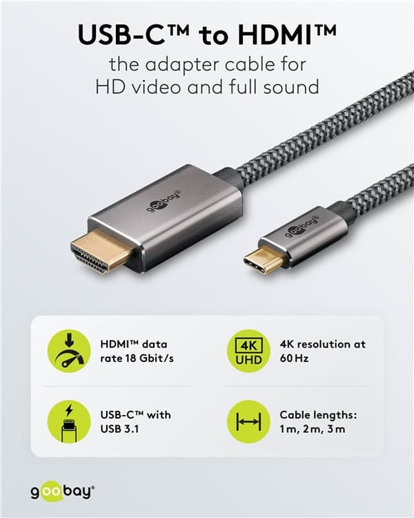 USB-C™ til HDMI™ tekstilkabel 4K @ 60 Hz, 2 m, svart; sølv
