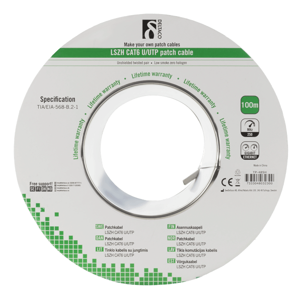 U/UTP Cat6 patch cable, LSZH, 100m spool, 250MHz, white