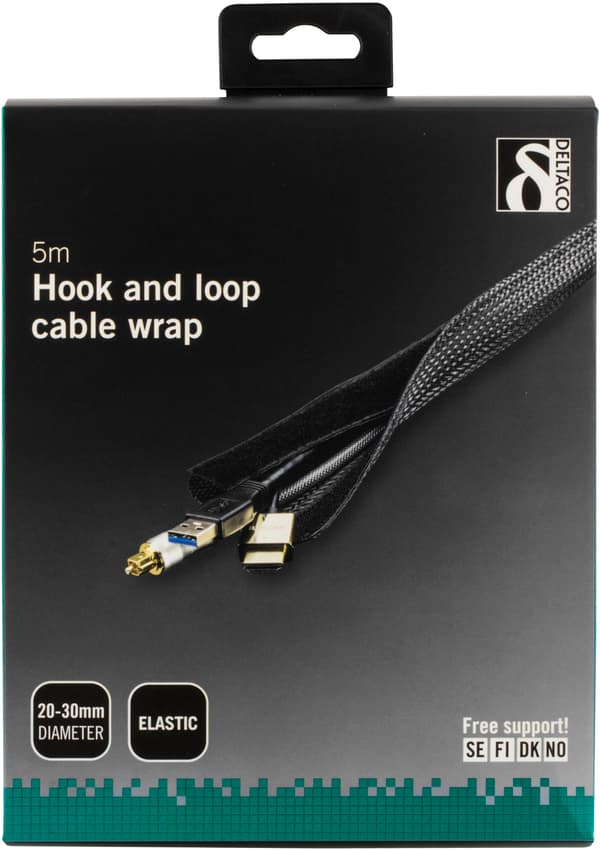 Nylon cable wrap, hook and loop fastener, 5m, black