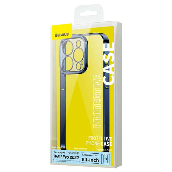 Baseus Glitter Transparent Cover og hærdet glas sæt til iPhone 14 Pro (blå)
