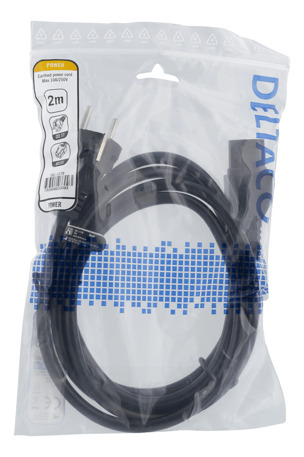 Power cord CEE 7/7 - IEC C15, 2m, black