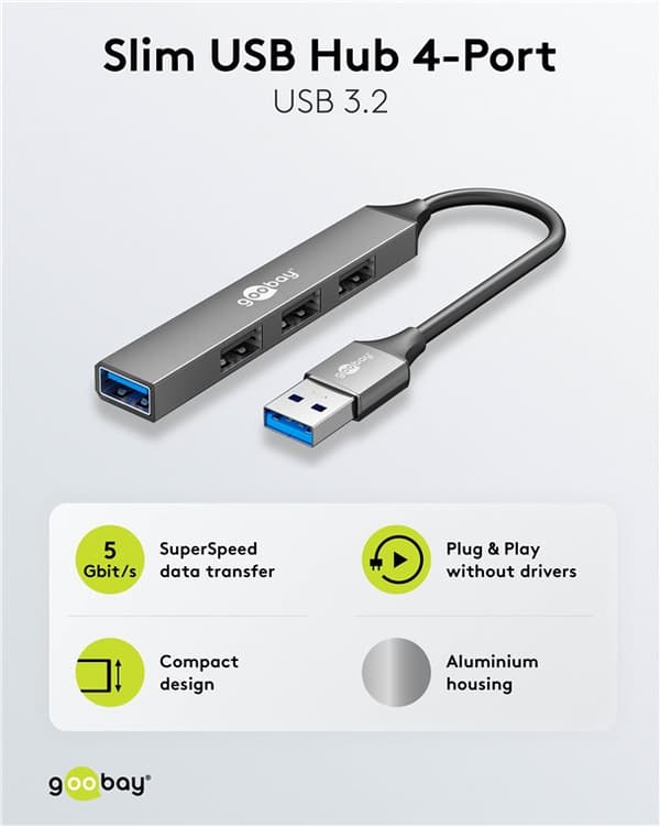 Slim 4-ports USB-hub, USB-A til USB-A, 5 Gbit/s