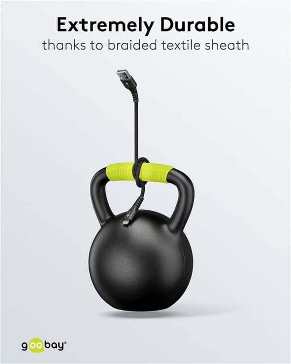 Lightning USB-A superblødt tekstilkabel med metalstik, 2 m, sort