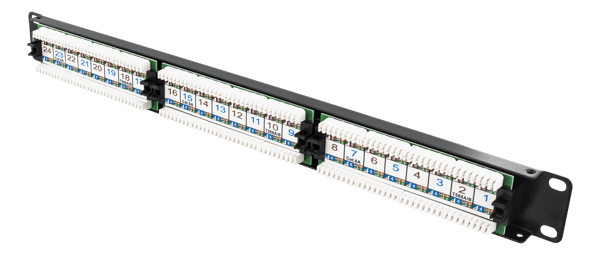 19" patch panel, 24xRJ45, Cat6a, UTP, 10Gbps, black