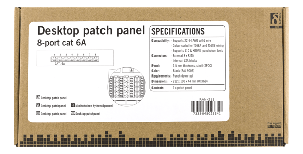 Patch Panel, 8xRJ45, Cat6a, wall-mountable, metal, black