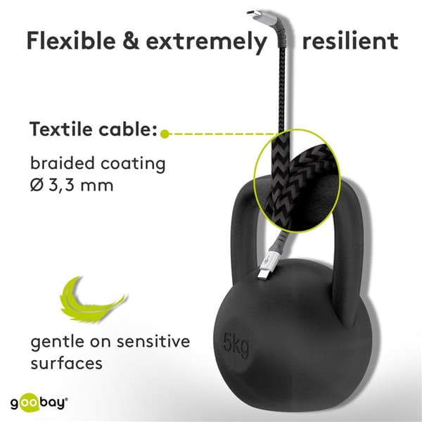 Mikro USB til USB-A tekstilkabel med metalstik 2 m