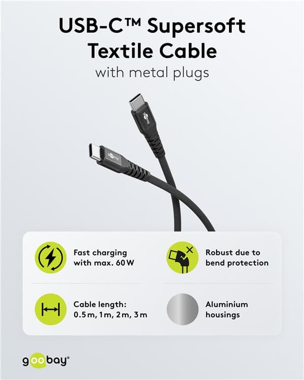 USB-C™ superblødt tekstilkabel med metalstik, 1 m, sort