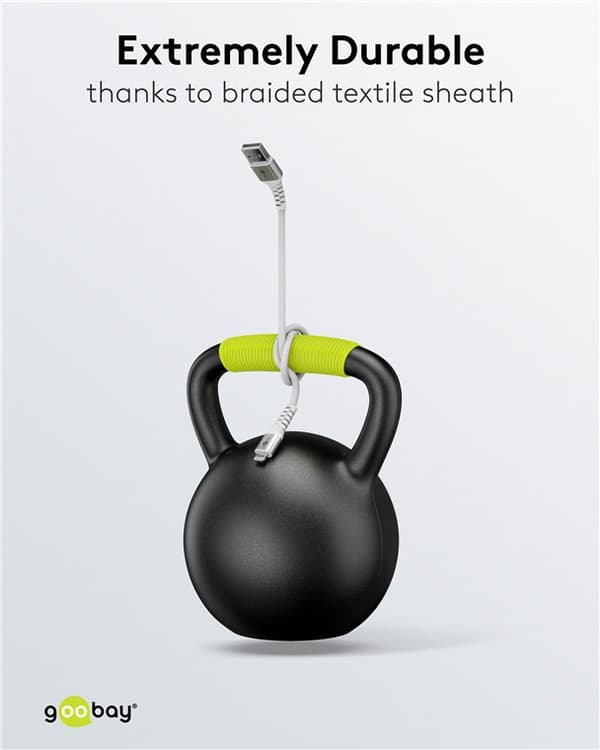 Lightning-USB-A supersoft textilkabel med metallkontakter, 2 m, vit