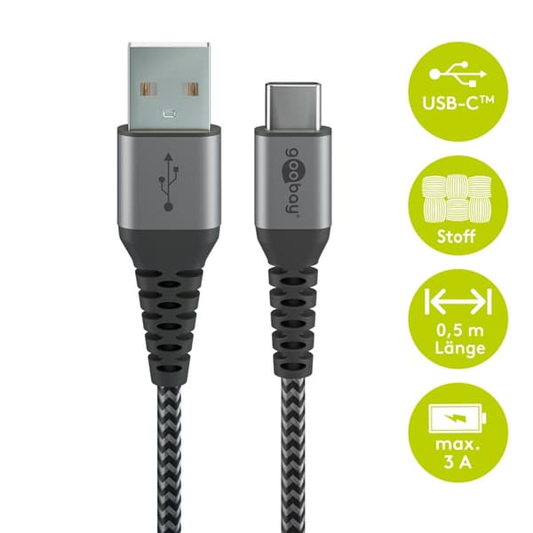 USB-C™ til USB-A tekstilkabel med metalstik 0,5 m