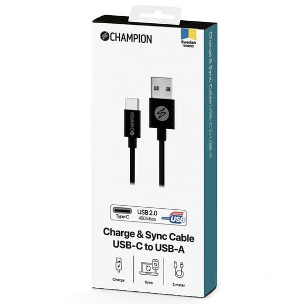 USB-A til USB-C Kabel 2m Sort