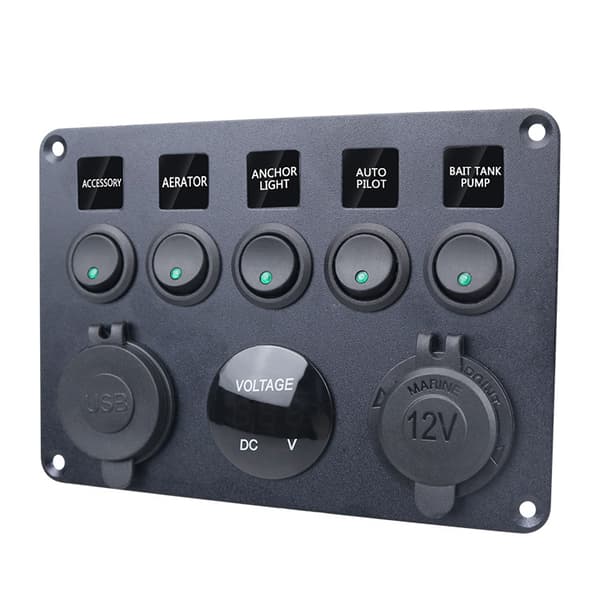 Strømbryterpanel - 5 brytere, voltmeter, 2 USB-strømuttak Black+Green