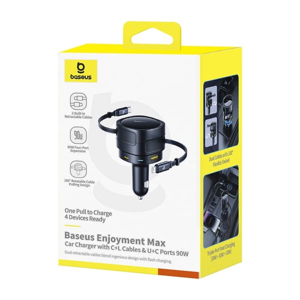 Baseus Enjoyment Max biloplader med USB-C+Lightning-kabler og USB-A+USB-C-porte 90W Sort