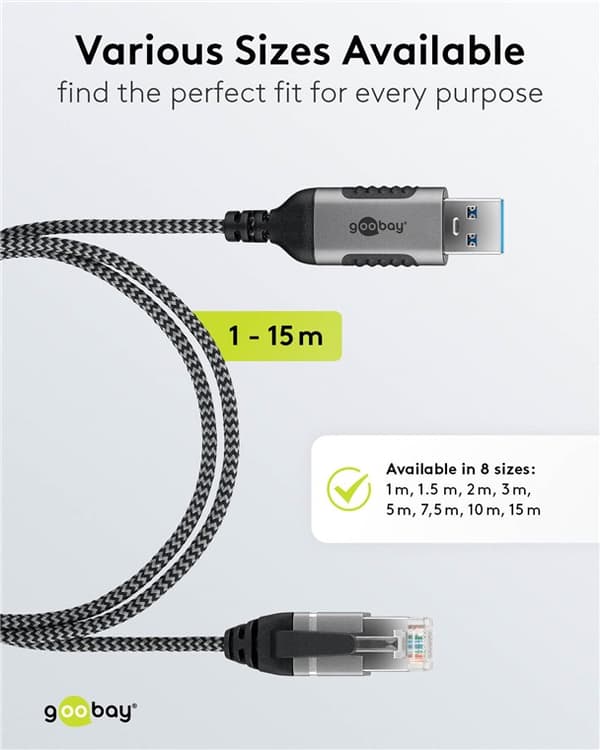 Ethernet-kabel USB-A 3.0 til RJ45, Slim, 7,5 m