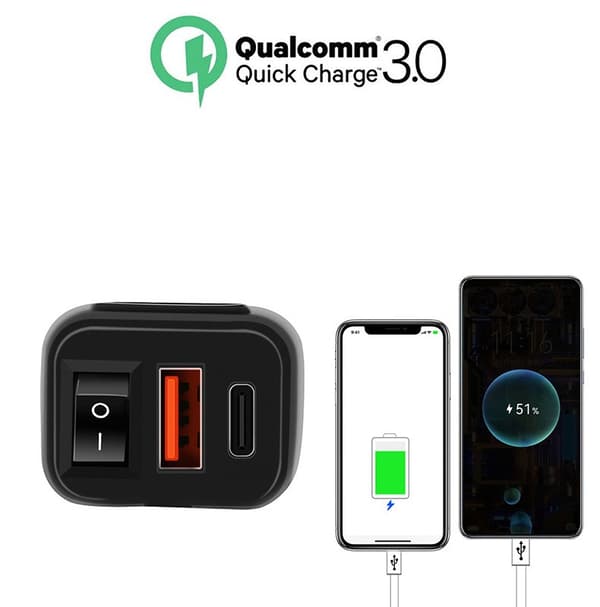 USB-C / USB hurtigoplader til bil og motorcykel Black