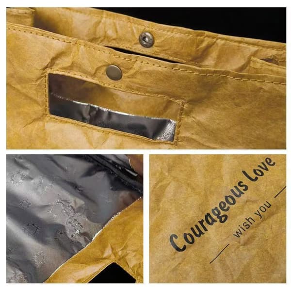 Tyvek isolerad lunchväska - vikbar termoväska med aluminiumfoliefoder, camel 29x23x13cm