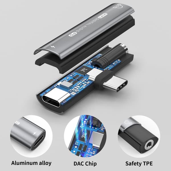 USB-C til 3,5 mm adapter til hovedtelefoner og oplader Grey