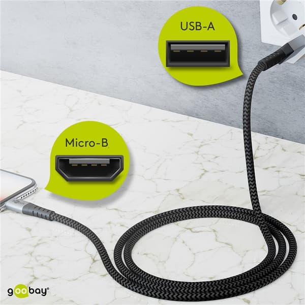 Micro-USB - USB-A -tekstiilikaapeli metalliliittimillä 1 m