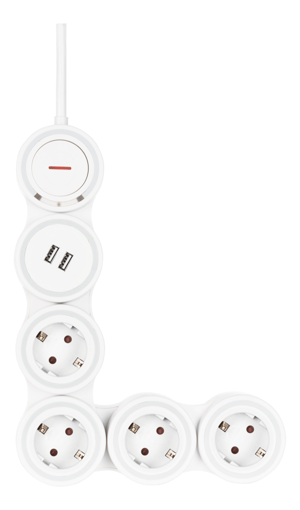 Flexible 4-Socket Power strip, 1.4m, 16A 3500W, 2x USB-A, wh