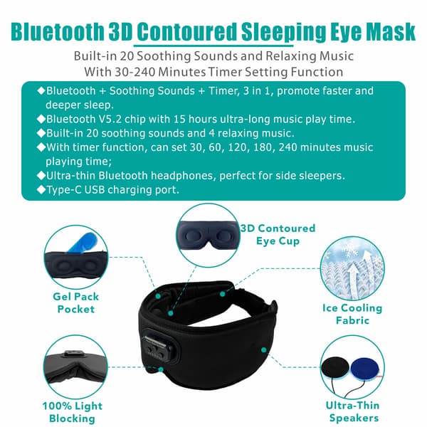 3D sovmask Bluetooth sovhörlurar Black