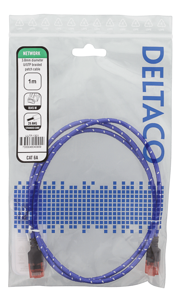Tough Slim CAT.6A U/UTP Patch Cable, 28AWG, 3.8mm, 1m, blue