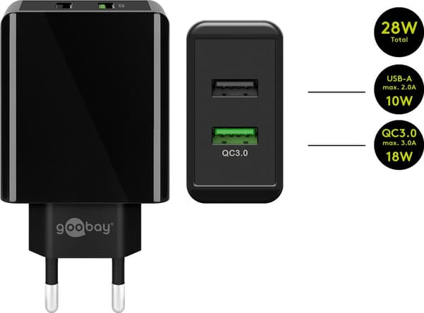 USB-A QC dobbelt hurtigoplader (28 W) sort