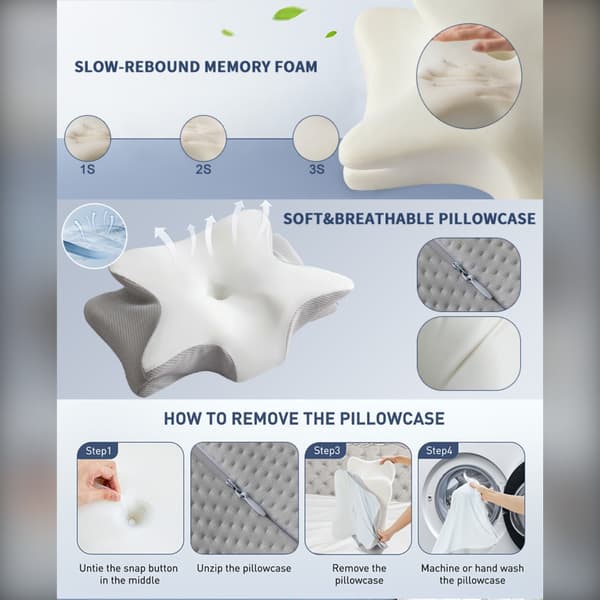 Stor Dobbel Vinge Sommerfuglpute 65x45x15cm - Memory Foam Cervical Støtte for Dyp Søvn White