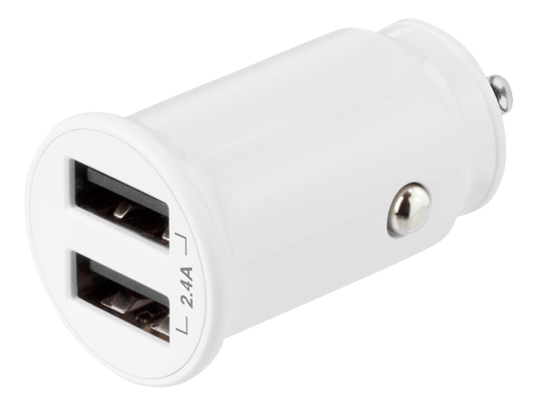 USB car charger, 2x USB-A, 2.4 A, total 12 W, white