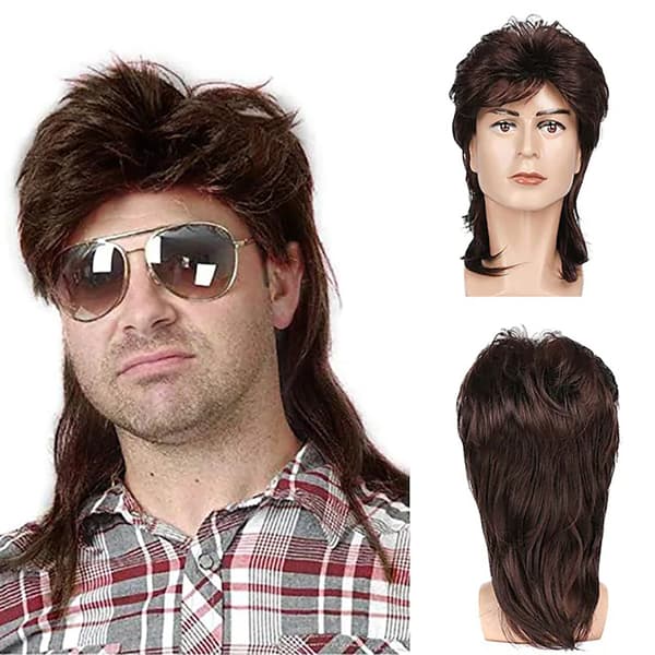 Mulletperuk för män, 80-tals retrofrisyr DarkBrown