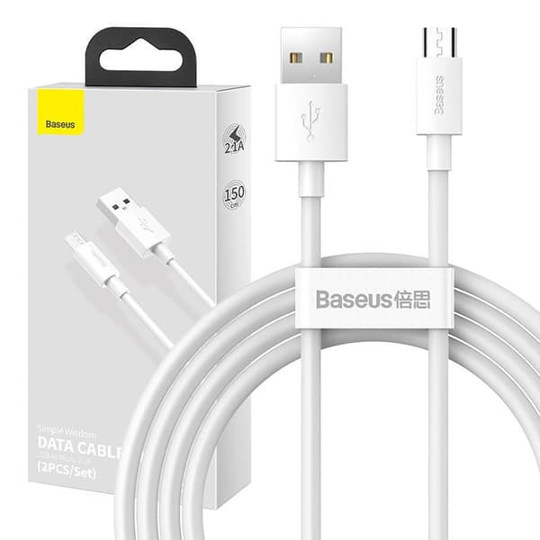 Baseus Simple Wisdom -datakaapelisarja USB - Micro 2.1A (2 kpl/sarja) 1,5 m valkoinen