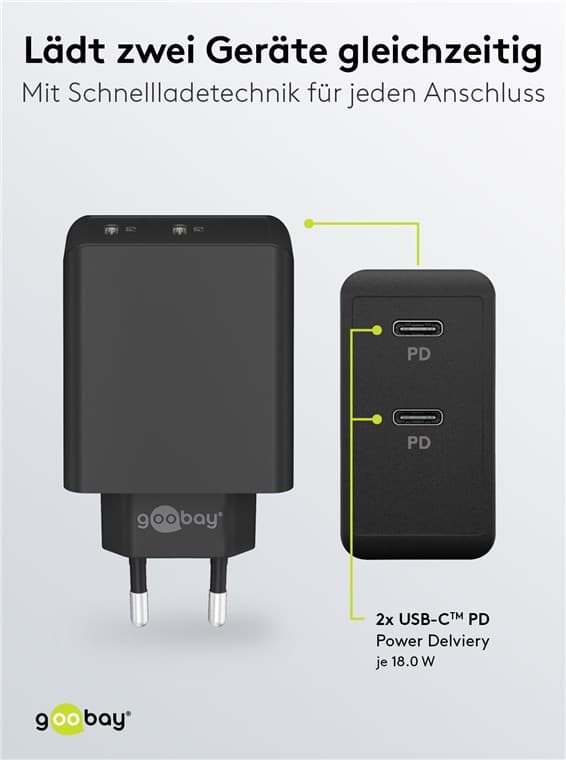 USB-C™ PD dobbelt hurtigoplader (36 W) sort