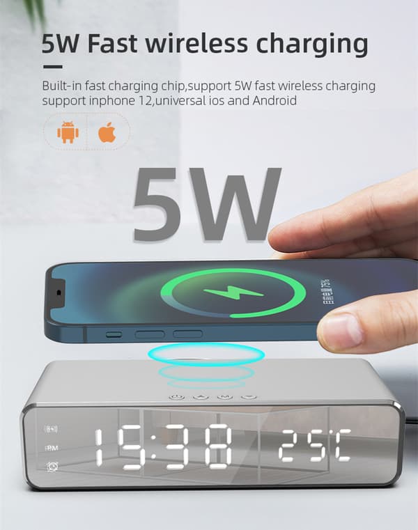 Digital LED väckarklocka med trådlös laddare/termometer Silver
