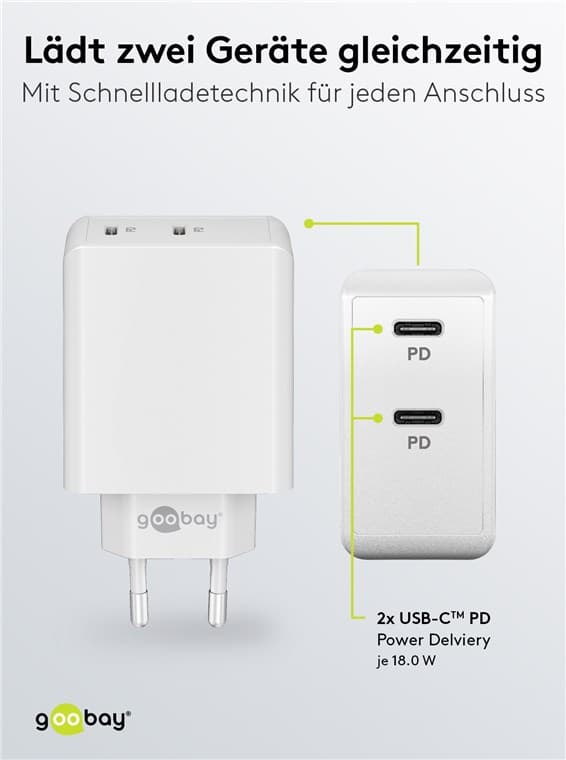 Dobbel USB-C™ PD hurtiglader (36 W) hvit