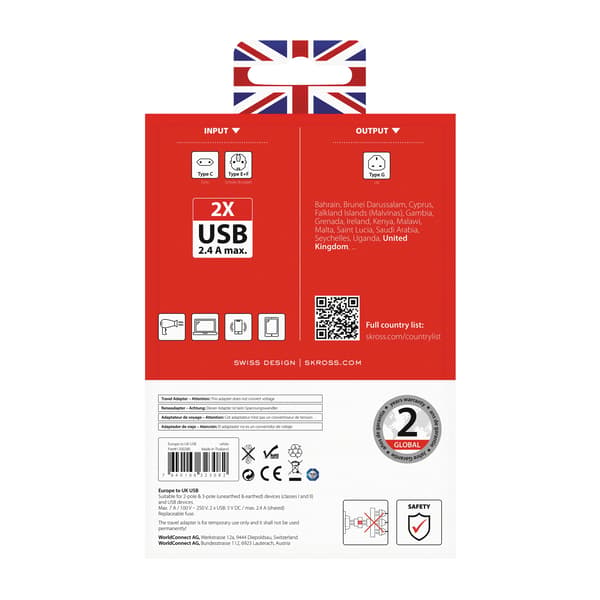 Landadapter - Europa til Storbritannia, USB