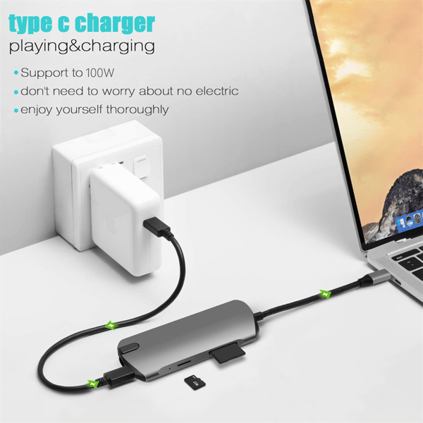 USB C-hub med åtte ulike uttak