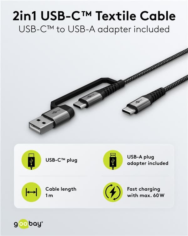 2in1 USB tekstilkabel, space grå/sølv, m