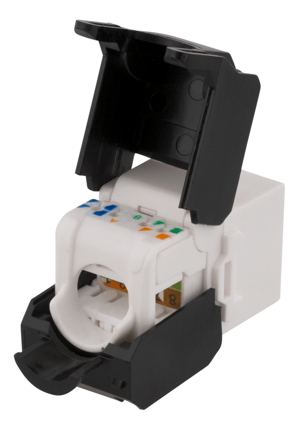 Cat6A Keystone jack, toolless clamp termination, plastic