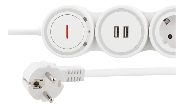 Flexible 4-Socket Power strip, 1.4m, 16A 3500W, 2x USB-A, wh