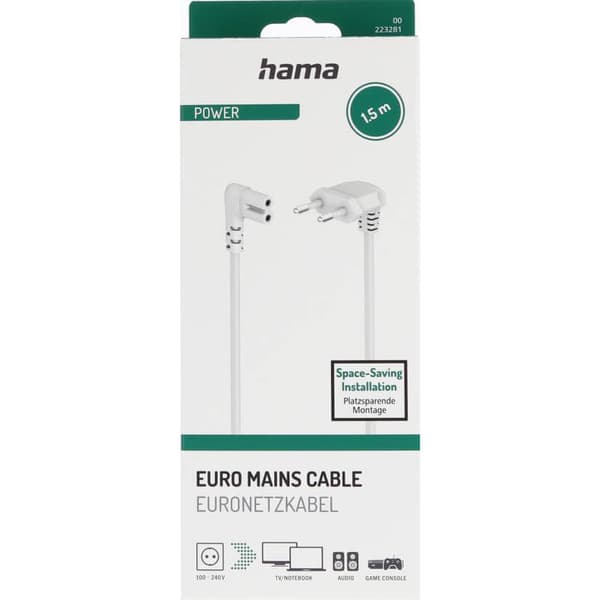 Power Cable Angled Euro Plug White 1.5m