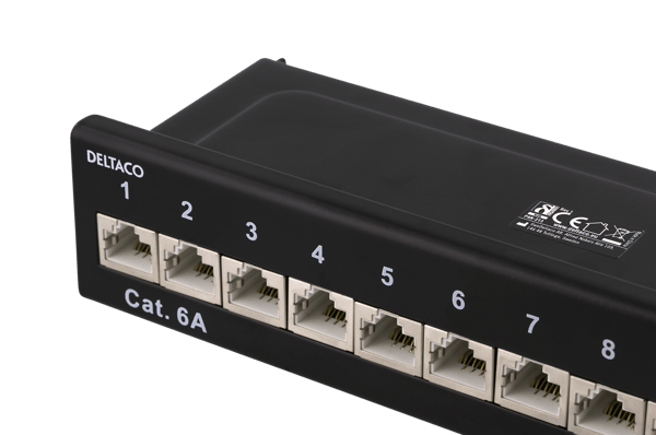Patch Panel, 12xRJ45, Cat6a, wall-mountable, metal, black