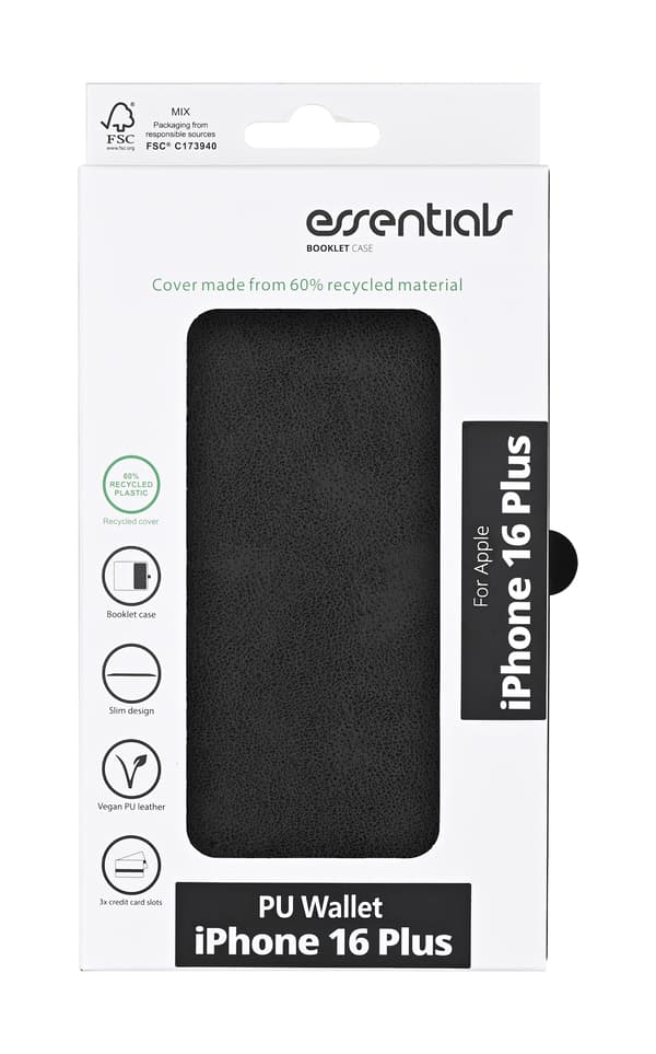 iPhone 16 Plus PU wallet, recycled, 3 cards, black