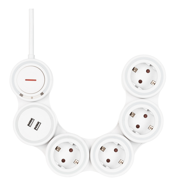 Flexible 4-Socket Power strip, 1.4m, 16A 3500W, 2x USB-A, wh