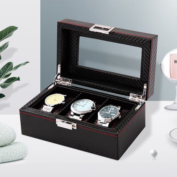 Klockbox i kolfiber - Elegant displayfodral med 3 fack