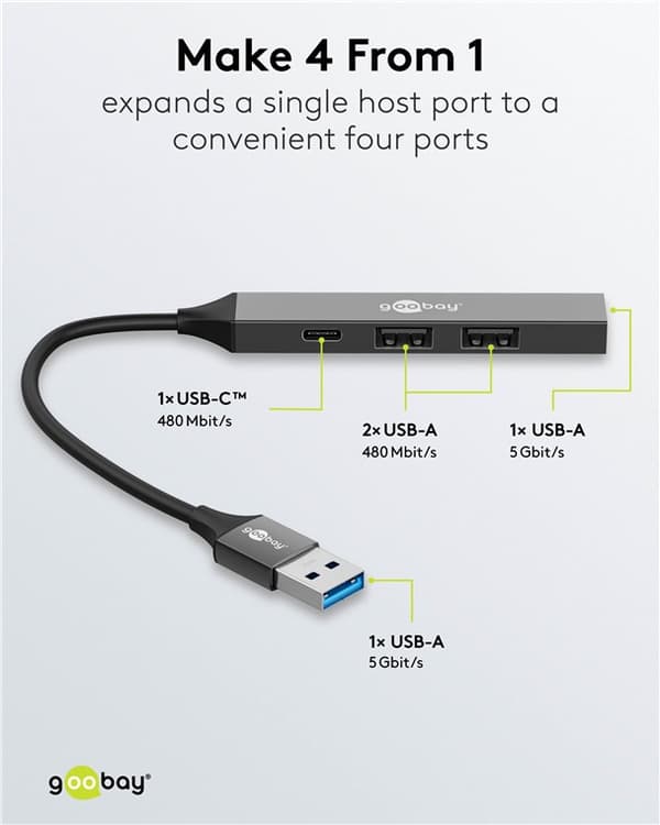 Slim 4-ports USB-hub, USB-A til USB-C™/USB-A, 5 Gbit/s