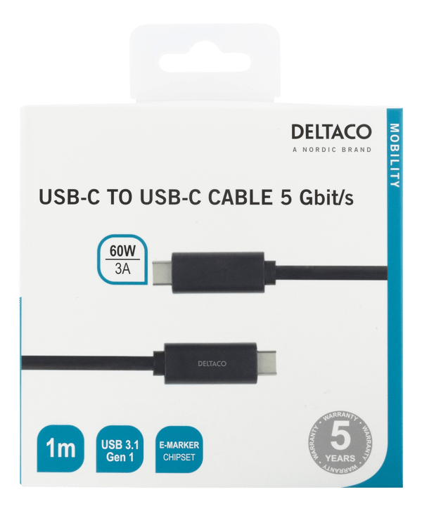 USB-C-kaapeli, 1m, 3A, USB 3.1 Gen 1, E-Marker, musta