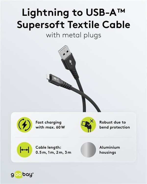 Lightning USB-A superblødt tekstilkabel med metalstik, 2 m, sort